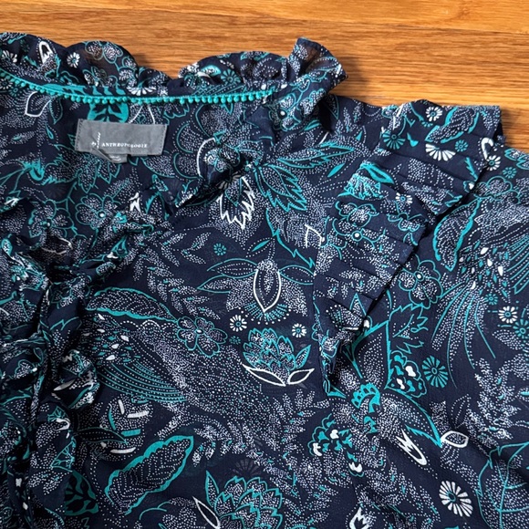 Anthropologie Teal and Navy Patterned chiffon Top XL - Picture 3 of 7